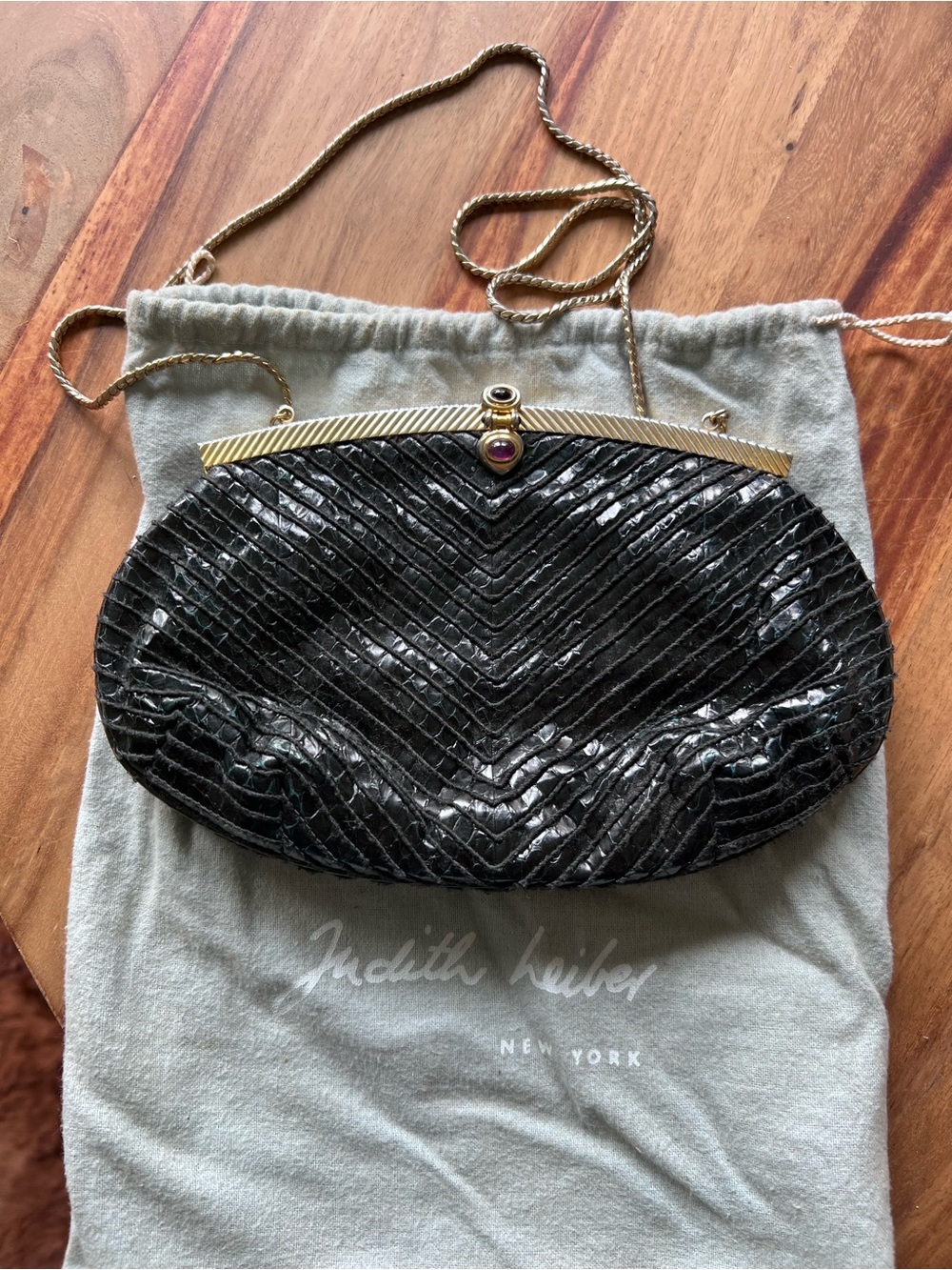 Judith Leiber Black Textured Evening Clutch with Gold Frame and Chain